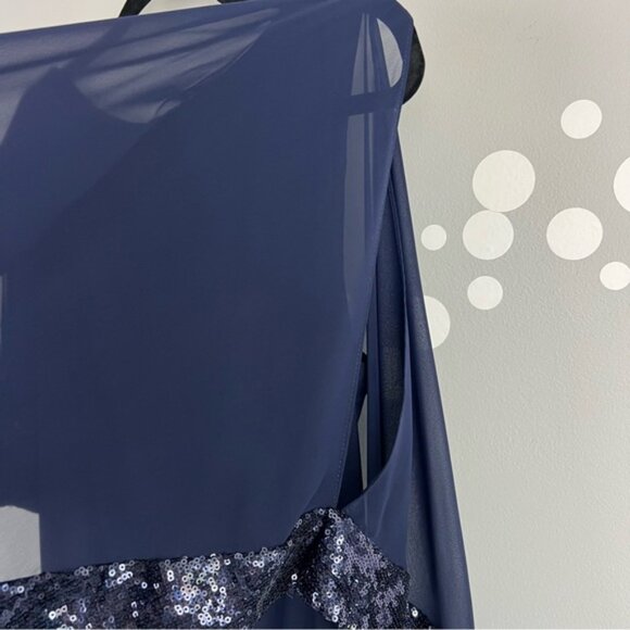 Xscape Navy Sequin Capelet Dress Size 12 Chiffon Asymmetrical Formal Cocktail - Picture 4 of 7